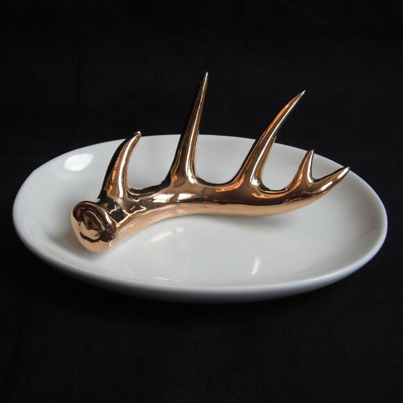 2014 Tri-Coastal Design Gold Antler Porcelain Ring Holder Trinket Dish Tray - Picture 4 of 7